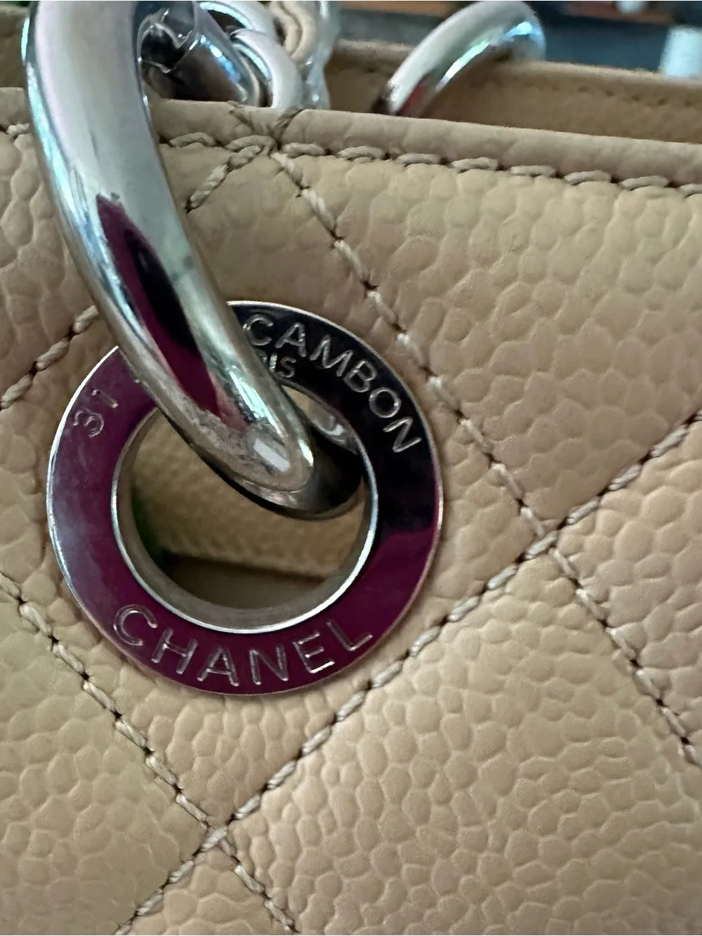Chanel Beige Quilted Cavier Leather Grand Shopping Tote Bag with Silver hardware